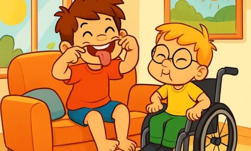 Es gibt zwei Hauptfiguren: Max, ein 8-jähriger Junge mit zerzausten braunen Haaren, trägt ein rotes T-Shirt und eine blaue Shorts. Er sitzt auf einem großen, gemütlichen Sofa und lacht herzhaft. Ben, ein 5-jähriger Junge mit blonden Haaren und runden Brillen, trägt ein gelbes T-Shirt und grüne Hosen. Er sitzt in seinem Rollstuhl neben Max und macht eine lustige Grimasse. Der Hauptort ist ein heller, einladender Wohnraum mit großen Fenstern, die goldenes Sonnenlicht hereinlassen. Bunte Spielzeuge liegen auf dem Boden, und weiche Kissen umgeben das Sofa. Ein großes Bild an der Wand zeigt eine fröhliche Naturszene. Die Hauptsituation der Geschichte zeigt Max und Ben, die einen Grimassenwettbewerb haben und herzlich lachen. Max zieht eine übertriebene Grimasse mit herausgestreckter Zunge, während Ben mit seinen aufgeblasenen Wangen versucht, seinen Bruder noch mehr zum Lachen zu bringen. Die Atmosphäre ist voller Freude und Vertrautheit, die ihre Geschwisterbindung illustriert.