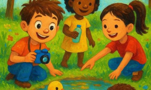Tres niños pequeños en una clara de una reserva: un niño de 6 años entusiasta y concentrado, con ojo curioso y pelo castaño alborotado, lleva una lupa al cuello y sostiene una pequeña cámara de plástico, agachado junto a un charco brillante; a su lado Lucía, de 6 años, con coleta y cabello liso castaño, señala una piedra roja en el agua riendo; otra niña de unos 5 años, dueña del charco, de cabello muy rizado y negro, sostiene una botella de agua y sonríe desde un arbusto; un pato amarillo chapotea con una piedrecita dorada en el pico detrás de ellos y un erizo marrón rueda una piedra roja hacia la orilla; entorno: pradera con hierba verde, flores y árboles bajo un sol cálido; escena alegre, luz intensa, colores saturados y texturas de pintura acrílica.