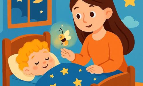 Un niño de 2 años, con cabello rizado y dorado, está acostado en su cama acogedora. Su rostro es sereno, con una ligera sonrisa, y sus ojos están cerrados, expresando paz y tranquilidad. Está envuelto en una manta suave decorada con estrellas brillantes. A su lado, su mamá, una mujer de unos 30 años con cabello largo y castaño, está sentada al borde de la cama. Mira tiernamente a su hijo, con una sonrisa reconfortante, y sostiene una pequeña luciérnaga luminosa en su mano, iluminando suavemente la habitación. La escena tiene lugar en un dormitorio cálido, con paredes pintadas de azul claro, decoradas con nubes y estrellas. Una ventana deja pasar una suave luz de luna, y una alfombra mullida está en el suelo. El niño respira tranquilamente, mientras la luciérnaga danza a su alrededor, creando un ambiente mágico y relajante. La mamá susurra palabras dulces, y juntos comparten un momento de serenidad antes de quedarse dormidos pacíficamente.