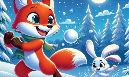 A small fox named Finn, with bright red fur and a fluffy tail, is joyfully laughing while throwing a snowball. His bright eyes show his excitement and happiness. Next to him, Bella, an adorable bunny with long ears and soft white fur, is about to dodge a snowball, her face lit up by a big smile. She is full of energy and stands slightly back, ready to leap. The setting is a snowy forest, with majestic trees covered in sparkling snow, and the ground is blanketed in thick white. The sky is light blue with wispy clouds, and the sun shines softly, creating sparkling reflections on the snow. The main scene shows Finn and Bella in the middle of a snowball fight, surrounded by gently falling flakes, capturing the magic and joy of winter.