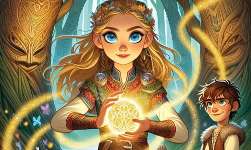 Freya, een jonge vrouw met lange gouden haren en oceaanblauwe ogen, staat in het midden van het podium, haar gezicht verlicht door vastberadenheid en magie. Ze draagt een Viking-tunika versierd met kleurrijke patronen en houdt een glinsterende steen in haar handen, omringd door kleine fonkelende lichtjes die om haar heen dansen. Naast haar staat Bjorn, een 12-jarig jongetje met rommelig bruin haar en een ondeugende glimlach, die Freya bewonderend aankijkt, klaar om haar aan te moedigen in hun avontuur. De scène speelt zich af in een betoverde open plek, waar grote bomen met knoestige stammen majestueus oprijzen, hun bladeren trillen in groene en gouden kleuren. Stralende bloemen en kleurrijke vlinders voegen een vleugje magie toe aan de sfeer. Freya concentreert haar energie om een krachtige beschermingsspreuk te creëren, terwijl een dreigende schaduw op de achtergrond opdoemt, klaar om hen uit te dagen. De spanning is voelbaar, en de lucht is doordrenkt met magie terwijl de twee vrienden zich voorbereiden om het gevaar te trotseren.