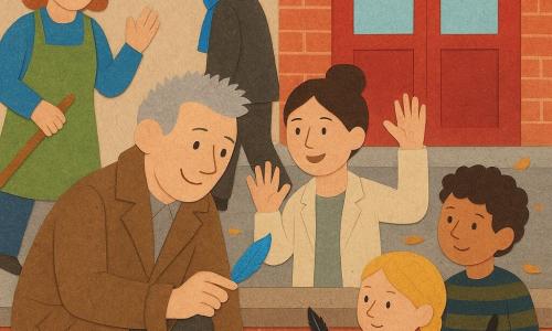 Een scène bij de ingang van een school: de amateurdetective meneer Vos, grijs kort haar, grote bruine jas, hurkend bij een laag bakstenen muurtje houdt hij een glanzend blauw veertje tussen duim en wijsvinger; juf Lianne (±35) met bruin opgestoken haar en lichte jas staat opgelucht achter hem bij de houten rode deur; Anna, de conciërge (±50) in groen schort met bezem leunt links en kijkt glimlachend toe; het meisje Mila (±8) met blonde vlecht en bloemenjurk zit rechts op een bankje met een kleurpotlood, de jongen Sam (±8) met krullend haar en gestreepte trui toont een klein zwart veertje; een man met blauwe sjaal (±40) loopt haastig de straat in; op het muurtje ligt een stapel kleurrijke boeken, meneer Vos vond het blauwe veertje verstopt achter de boeken, er zijn kleine blauwe inktvlekjes op stof en stukjes gescheurd papier rondom; heldere, levendige kleuren, zichtbare papieren texturen, scherpe contouren en zachte schaduwen.