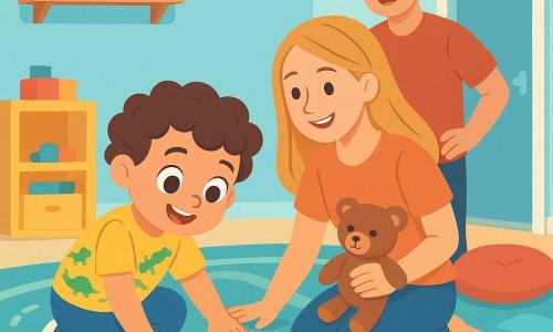 Een jongetje van 2 jaar, met krullend bruin haar, grote nieuwsgierige ogen en een stralende glimlach, zit op een zacht tapijt en zoekt naar een verloren bouwblok. Hij draagt een felgele t-shirt met dino-tekeningen en een blauwe broek. Naast hem buigt zijn moeder, een vrouw van rond de dertig met lang blond haar, glimlachend en attent, om hem te helpen met een knuffelbeer in haar hand. Een vader, een man van rond de dertig met kort bruin haar, staat bij de deur en kijkt lachend naar de scène. De kamer is licht en uitnodigend, met lichtblauwe muren, planken vol kleurrijk speelgoed en een groot tapijt in de vorm van een weg. In het midden is een speelhoek ingericht met kussens en verspreid speelgoed. De situatie laat het jongetje zien, geconcentreerd en enthousiast, terwijl hij onder het tapijt zoekt, terwijl zijn moeder hem aanmoedigt met een zachte blik. De vader, geamuseerd, bereidt zich voor om te helpen zoeken, wat een sfeer van saamhorigheid en vreugde creëert.
