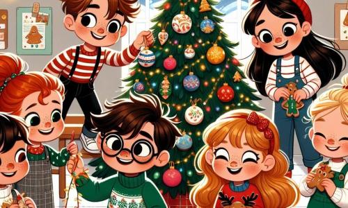 In un'aula festiva, cinque bambini sono riuniti attorno a un grande albero di Natale decorato. Leo, un ragazzo di sei anni con i capelli castani e un grande sorriso, tiene una stella dorata che sta per appendere in cima all'albero. Marta, una ragazza di sei anni con i capelli rossi e ricci, indossa un berretto rosso e ride mentre tiene una ghirlanda colorata da avvolgere attorno al tronco dell'albero. Marco, un ragazzo con occhiali e capelli biondi, è seduto per terra mentre decora un biscotto a forma di renna con la glassa. Sofia, una ragazza con trecce e un maglione verde, è in piedi accanto a Leo, tenendo palline di Natale scintillanti pronte per essere appese. Tom, un ragazzo con capelli neri e lentiggini, ride mentre cerca di fare un pupazzo di neve di carta sul tavolo. L'aula è piena di luci scintillanti, ghirlande colorate e deliziosi biscotti di Natale, creando un'atmosfera calda e gioiosa. I bambini si divertono a decorare insieme l'albero di Natale, ridendo e cantando canzoni natalizie, mentre la neve cade dolcemente fuori dalla finestra.