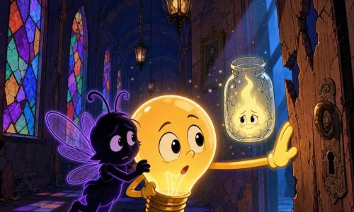 Lumo, una piccola lampadina antropomorfa brillante dal volto rotondo e grandi occhi curiosi, filament incandescente visibile, espressione coraggiosa e stupita, spinge delicatamente una porta di legno screpolata con una mano luminosa; Ombretta, una lucina-ombra sottile e traslucida, sagoma scura bordata di bagliore viola, inquieta ma fedele, è appena dietro Lumo tremante; Fiammella, minuscola fiamma in un barattolo di vetro incrinato, luce fioca e vacillante, volto timido e sollevato, fluttua accanto a Lumo all'altezza della mano. Ambientazione: lungo corridoio antico e misterioso con vetrate colorate incrinate, lampade di metallo arrugginito oscillanti, pavimento in lastre consumate e particelle di polvere luminosa nell'aria; la porta socchiusa lascia filtrare una luce fredda blu e ombre mobili, atmosfera lievemente spaventosa ma rassicurante, composizione centrata su Lumo che apre la porta accompagnato da Ombretta e Fiammella, illuminazione a contrasto caldo/freddo, palette di blu profondi, viola e oro caldo, stile cartoon con linee morbide e texture nette.