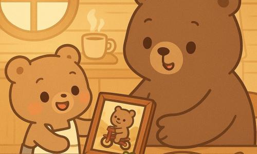 Un osito infantil llamado Osito Bruno, pelaje claro, mejillas rosadas, ojos brillantes y sonrisa, lleva un pequeño delantal con la inscripción ¡Cuidado, chef peludo! y sostiene con orgullo un marco de madera decorado con una estrella amarilla y un corazón verde; un gran papá oso corpulento y dulce, pelaje oscuro y sonrisa conmovedora, está sentado en la mesa y extiende las patas para recibir el marco; en la mesa hay un plato hondo con ensalada arcoíris (tomate rojo, pepino verde, maíz amarillo, zanahoria naranja) y una cuchara de madera; el marco contiene una vieja foto restaurada de un papá oso joven en una bicicleta roja, ligeramente amarillenta; la escena ocurre en una acogedora cocina de cabaña de madera con luz dorada de mañana entrando por una ventana circular, una taza de café humeante, pan tostado sobre una tabla y cortinas de lunares; situación principal: el osito regala la foto y la ensalada a su papá por el Día del Padre en un momento tierno y alegre, composición centrada en los dos osos y la mesa, colores pastel vivos y contornos suaves.