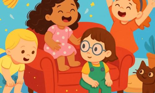 Hay 4 niños: Lila, una niña de 2 años con cabello rizado y un vestido rosa con lunares, se ríe mientras está sentada en el sillón mágico. Paca, otra niña de 2 años con cabello rubio y una trenza, está inclinada hacia adelante, lista para saltar, vestida con una camiseta amarilla y pantalones cortos azules. Mimi, también de 2 años, tiene cabello castaño y gafas redondas, lleva un overol verde y mira curiosa a su alrededor, sentada junto a Lila. Rosi, otra niña de 2 años con cabello rojizo y una diadema morada, está de pie con los brazos levantados, como si quisiera atrapar algo. El lugar es un salón mágico lleno de colores brillantes, con paredes azules y cojines multicolores en el suelo. Un gran sillón de terciopelo rojo está en el centro, rodeado de juguetes brillantes y libros coloridos. Escobas bailan alegremente en un rincón y un gato de ojos brillantes observa la escena. Las cuatro amigas se divierten en el sillón mágico que comienza a saltar, llevándolas a una aventura llena de risas y sorpresas, con expresiones de alegría y asombro en sus rostros.