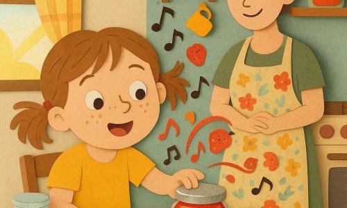Una bambina di 6 anni, Lina, curiosa ed estasiata, viso rotondo con lentiggini, capelli castano chiaro in codini disordinati e calzini spaiati (uno a pois, uno con una banana), è appoggiata al bordo di un tavolo in legno e tende la mano per aprire un piccolo vasetto di marmellata canterino; il vasetto antropomorfo, piccolo e lucido con coperchio argentato come un cappello, etichetta “Aprimi con gentilezza”, occhi disegnati e bocca che canta, è al centro del tavolo leggermente inclinato verso Lina; la madre, circa 35 anni, sorridente e calma, capelli raccolti in uno chignon e grembiule a fiori, sta in piedi dietro Lina vicino alla cucina con le mani giunte e lo sguardo benevolo; la cucina è calda e colorata: tavolo in legno chiaro con briciole, un barattolo di latte, raggio di sole attraverso una finestra con tende a quadretti, tazze appese ed mensole piene di vasetti colorati; scena principale: Lina apre delicatamente il vasetto canterino, il coperchio brilla e piccole note musicali e fragole stilizzate si sollevano a spirale, atmosfera stravagante e tenera, colori vivaci e texture di carta ritagliata ben marcate.