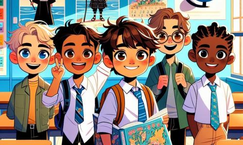En un aula colorida, cuatro amigos están juntos, listos para su primer día de escuela. Joaquín, un niño de 11 años con cabello castaño desordenado y una gran sonrisa, sostiene un libro sobre Japón. A su derecha, Andrés, otro niño de 11 años con gafas redondas y cabello rubio, salta de emoción con los brazos en alto. A la izquierda, Marcos, un niño de 11 años con cabello negro y liso, sonríe mostrando un póster de samuráis. Por último, Luis, un niño de 11 años con trenzas y una gorra al revés, observa atentamente un globo terráqueo. El aula es luminosa, con paredes pintadas de azul claro y carteles coloridos de mapas del mundo y matemáticas. Los cuatro amigos se preparan para presentar su proyecto sobre Japón frente a la clase, llenos de emoción y nervios, mientras la profesora Gómez, una mujer sonriente con cabello rizado, los observa con amabilidad.