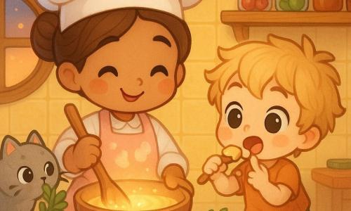 A smiling, gentle woman chef with brown hair in a bun, a soft white toque and a powder-pink flour-streaked apron stirs a bright bowl with a large wooden spoon while kindly teaching a curious 5-year-old blond boy standing on a small stool who tastes a spoon with sticky hands; a small round gray cat with bright eyes and heart-shaped whiskers perches on the counter sniffing herbs in a warm, colorful kitchen with yellow tiles, light wood shelves of jars and a round window letting in soft evening light—the scene is calm, cozy and pastel-toned.