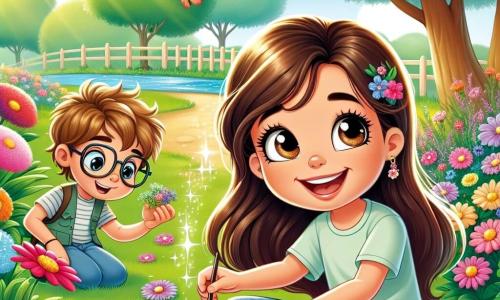 Una ragazza di 10 anni, Sofia, con lunghi capelli castani e occhi scintillanti, è seduta sull'erba verde di un parco soleggiato, con un grande sorriso sul volto, meravigliata dalla bellezza dei fiori colorati che la circondano. Indossa una maglietta leggera e dei jeans, e tiene un quaderno da disegno in mano, pronta a disegnare. Accanto a lei, il suo amico Marco, un ragazzo di 10 anni con capelli biondi disordinati e occhiali, sta cercando oggetti per una caccia al tesoro, accovacciato vicino a un cespuglio fiorito. Il parco è pieno di fiori vivaci, grandi alberi con foglie verdi e un ruscello scintillante che scorre dolcemente. Farfalle colorate volano intorno a loro, aggiungendo magia al momento. Sofia e Marco si divertono a esplorare il parco, scoprendo la bellezza della primavera e la gioia dell'amicizia, partecipando a una caccia al tesoro piena di sorprese.
