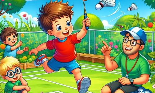 A 2-year-old boy with messy brown hair and a big joyful smile holds a badminton racket. He is wearing a bright red t-shirt and blue shorts, jumping with joy on the green grass of the park. Next to him, a 3-year-old boy with blonde hair and glasses enthusiastically claps while sitting on the grass. Coach Charlie, a 30-year-old man with a cap and a whistle around his neck, smiles while demonstrating a badminton move, standing nearby. The park is bright, with leafy trees and colorful flowers surrounding a badminton court. The sky is blue with a few fluffy white clouds. The main scene shows the little boy about to hit the badminton shuttlecock flying through the air, while his friends cheer him on with smiles and laughter.