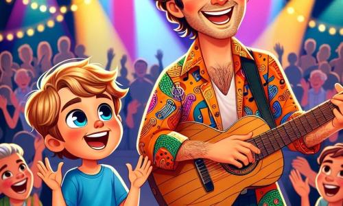 Un uomo, Marco, è al centro dell'immagine, sorridente con occhi scintillanti di gioia. Ha capelli castani leggermente ondulati, una camicia colorata a motivi musicali e tiene in mano una chitarra di legno. Sta cantando con passione, i piedi leggermente sollevati da terra, come se fluttuasse sulla musica. Accanto a lui, un ragazzo di 10 anni di nome Luca, con capelli biondi e occhiali rotondi, guarda Marco con ammirazione. Indossa una maglietta blu e pantaloni corti, tenendo in mano un piccolo quaderno di canzoni, pronto a cantare. Luca è leggermente in disparte, ma il suo viso irradia eccitazione. Lo sfondo è un teatro vibrante, con luci colorate che illuminano il palco. Il pubblico è sfocato, ma si vedono silhouette di bambini e adulti che applaudono con entusiasmo, creando un'atmosfera gioiosa e festosa. La scena principale mostra Marco e Luca che cantano insieme sul palco, condividendo un momento magico di musica e amicizia, mentre la folla li incoraggia con calorosi applausi.