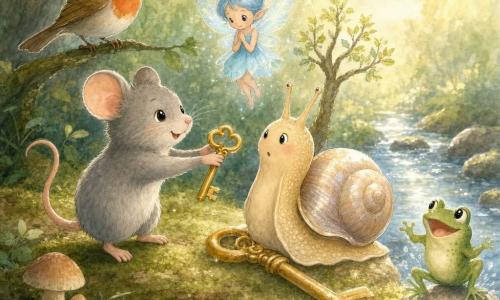 A small gray mouse with bright round eyes and fluffy fur stands on its hind legs, kindly reaching for a golden key as it gently asks a large beige snail with a pearly shell, resting on the key, to share it; a tiny sparkling blue fairy in a light dress floats nearby with hands together, a red-brown robin perches on a low branch singing, and a big-eyed green frog on a rock by a stream makes a small splash — all in a soft pastel mossy clearing under a pale-leaved tree at late-afternoon light, warm and cooperative.