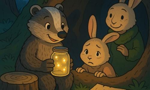 Milo, ein junger Dachs (anthropomorph), sitzt am Eingang des Baues mit ruhigem, wohlwollendem Ausdruck, graubraunes Fell, runde leuchtende Augen, hält ein Glas mit Glühwürmchen, die warmes honigfarbenes Licht ausstrahlen; neben ihm Leni, ein junges Kaninchen (anthropomorph), leicht besorgt aber erleichtert, beige weiches Fell, große leicht gesenkte Ohren, sie hält den Rand des Baues und blickt auf die Glühwürmchen; Tante Marta, eine ältere Kaninchenfrau, steht in der Nähe des Eingang, trägt einen moosgrünen Schal und lächelt beruhigend, leicht unscharf im Hintergrund; auf einer improvisierten Rindentischplatte liegt eine auf Birkenrinde gezeichnete Karte mit einfachen Kohlesymbolen (Blatt, Punkt, Welle) in kindlichem Stil; die Szene spielt am Rand eines nächtlichen Unterholzes auf moosbedecktem Boden, Baumstämme mit sichtbaren Ringen, silbrig weiches Mondlicht dringt durch die Zweige, warme Glühwürmchenlichter kontrastieren mit dem kühlen Blau der Nacht, Schatten an der Bauwand formen freundliche Figuren; Hauptsituation: Milo erklärt Leni die 4‑4‑Atmung, beruhigende, intime Stimmung; visueller Stil: lebendige, sanfte Farben, klare Konturen im Cel‑Shading, einfache gut lesbare Texturen, Komposition konzentriert auf Gesichter und das leuchtende Glas, tröstliche Atmosphäre.