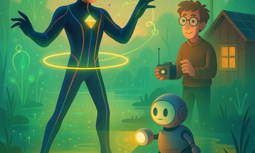 Um homem, Capitão Prisma, alto e magro, cabelos negros ao vento, expressão determinada e serena, veste uma combinação azul‑escura com faixas arco‑íris que mudam de cor, um pequeno máscara prateada e um losango luminoso no peito que pulsa dourado‑verde; com a cintura brilhante cria plataformas e anéis de luz enquanto gesticula como um maestro. À direita, Tico Turbo, inventor de cerca de 30 anos, cabelos bagunçados e óculos redondos, segura um pequeno comando e observa envergonhado e aliviado junto a uma cabana com painéis solares. Ao lado do herói, Pipa, um pequeno robô feminino arredondado do tamanho de uma criança, projeta círculos de luz e ajeita fios de energia. Ao fundo, os Pântanos Fosforescentes mostram água verde‑azulada brilhante, plantas que emitem bolhas de luz e fios luminosos entre árvores retorcidas e uma torre de antenas; a cena transmite reparação criativa e paz, com confetes coloridos no ar, cores saturadas e luz quente de fim de tarde.