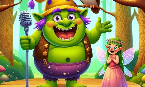 Een vrolijke ogre genaamd Olli, met felgroene huid bedekt met paarse vlekken, draagt een grote en leuke gele hoed die wankelt op zijn hoofd. Hij glimlacht breed, zijn ogen sprankelend van geluk, terwijl hij op een houten podium staat, een microfoon vasthoudend en een grap vertelt aan een enthousiast publiek. Naast hem staat een kleine fee met glinsterende vleugels, ongeveer 10 jaar oud, met gouden haar en een roze jurk, die enthousiast applaudisseert, haar ogen glanzend van bewondering voor Olli. Een wijze uil, zittend op een tak boven het podium, kijkt met een vriendelijke glimlach toe, zijn bruine en witte veren contrasterend met het groen van de bomen. De scène speelt zich af in een prachtig betoverd park, waar bomen met kleurrijke stammen en zingende bloemen het podium omringen. Flonkerende lichtjes hangen in de lucht en creëren een feestelijke en vrolijke sfeer. Olli vertelt een hilarische grap, en het publiek, bestaande uit fantastische wezens, lacht hardop, waardoor de lucht gevuld is met vreugde en gelach.