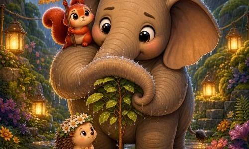 A large elephant named Émile with a round, soft body and clay-colored, wavy-folded skin, bright tender eyes and a calm protective expression wraps his trunk around a small young tree to shelter it. A little squirrel named Pip with shiny red-brown fur and lively bead-like eyes sits on Émile's shoulder, waving a small acorn banner, worried but brave. Madame Bristle, a tiny hedgehog with stylized quills and a daisy crown, stands at the sapling's base watching attentively. The setting is a walled garden between three hills with colorful flowers, ferns, mossy stone paths and hanging lanterns casting golden light through a fine rain; wet ground sparkles. The situation is a gentle but threatening storm; Émile protects the sapling while Pip and Madame Bristle help and admire, warm atmosphere despite the shower. Graphic style: saturated colors, thick rounded outlines, soft textures, exaggerated adorable expressions, focus on the central group.