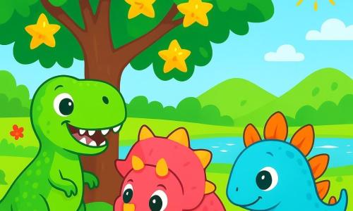 Um Tyrannossauro Rex chamado Tino, com uma pele verde brilhante e escamas reluzentes, está alegremente sob uma grande árvore com folhas brilhantes. Seus olhos brilham de excitação e seu sorriso largo revela dentes afiados, mas amigáveis. Ao lado dele, Lila, o Tricerátopo com três chifres coloridos, se inclina com curiosidade, seus grandes olhos redondos fixos em Tino, enquanto mastiga uma folha. Neco, o Estegossauro, está um pouco mais atrás, sua cauda espinhosa balançando suavemente, observando com um ar divertido. Ao fundo, uma colina suave e verde se ergue, com flores coloridas dançando ao vento. A cena acontece perto de um lago cintilante, onde o sol se reflete, criando faíscas de luz. Tino e seus amigos estão descobrindo a magnífica Árvore dos Frutos-Estrela, cercados por frutos brilhantes que parecem brilhar sob o sol.
