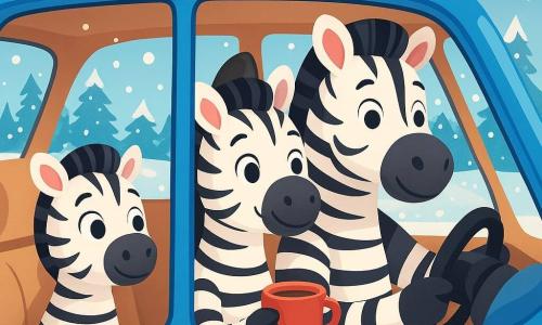 Mały zebra o imieniu Filip, z miękkim, prążkowanym futrem, siedzi w niebieskim pojeździe, patrząc przez okno z okrągłymi, zachwyconymi oczami i nieśmiałym uśmiechem na twarzy. Obok niego jego mama, ładna zebra z błyszczącymi oczami i jedwabistym futrem, uśmiecha się do niego ciepło, trzymając filiżankę gorącej czekolady, co tworzy przytulną atmosferę. Tata zebra, silny i opiekuńczy, prowadzi auto, skoncentrowany, z uspokajającym i zdeterminowanym spojrzeniem. Scena rozgrywa się w czarującym zimowym krajobrazie, gdzie delikatnie opadają płatki śniegu na spokojny las, drzewa pokryte są grubą warstwą lśniącego śniegu, a niebo ma pastelowy błękit, usiane puszystymi chmurami. Główna sytuacja ukazuje Filipa odkrywającego piękno zimy przez okno, zachwyconego bajkowymi krajobrazami, podczas gdy ciepło pojazdu kontrastuje z zimnem na zewnątrz, symbolizując bezpieczeństwo i miłość rodzinną.