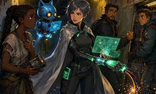 A personagem principal é Marina "Sereia de Aço" (≈35 anos), determinada, capa prateada, cabelo curto cor de chumbo, traje escuro com painéis verdes e bracelete holográfico projetando mapas, estendendo a mão para recalibrar um cabo elétrico; ao seu lado flutua Tico, um robô do tamanho de um gato, carcaça metálica azul e olhos-lentes amarelos, projetando gráficos; à esquerda, uma jovem de ~22 anos com longa trança, roupas gastas e expressão culpada, segura um aparelho desmontado e olha para Marina pedindo perdão; à direita, dois homens (30–40 anos) junto a um quadro elétrico aberto tentam recolocar um painel de cabos; cenário: corredor subterrâneo industrial com paredes de betão manchadas, tubos de aço, lâmpadas halógenas amarelas, faíscas ocasionais e piso metálico com grelha e cabos; situação: Marina impede um roubo de energia recalibrando os cabos com sua luva luminosa enquanto Tico projeta dados, a jovem baixa a cabeça e os homens ficam imóveis — atmosfera tensa, voltada à reparação e ao diálogo.