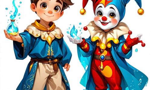 Prințul Andrei, un băiat de aproximativ 12 ani, are părul castaniu și ochii plini de curiozitate. Poartă o tunică albastră cu motive aurii și pantaloni bej, având o expresie de hotărâre și excitație în timp ce ține un mic flacon cu apă magică în mână. Lângă el, bufonul Vio, un personaj vesel de aproximativ 10 ani, are părul colorat în curcubeu și un zâmbet jucăuș. Poartă un costum strălucitor cu motive florale și clopoței care sună la fiecare mișcare. Scena se desfășoară pe vârful unei munți majestuoși, înconjurat de nori pufoși și vârfuri verzi. Cerul este de un albastru strălucitor, iar un rază de soare luminează fețele celor două personaje, creând o atmosferă magică. Principala situație arată prințul Andrei și bufonul Vio pe marginea unei prăpastii, pregătindu-se să verse apa magică asupra regatului adormit de mai jos, cu peisaje încântătoare în fundal, simbolizând speranța și curajul de a trezi regatul din somnul său.