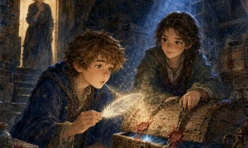 Hoofdpersoon: een ongeveer 12-jarige jongen-sorcerer met warrig lichtbruin haar, nieuwsgierige vastberaden ogen en een zacht, geconcentreerd gezicht; hij houdt een zilveren magische veer boven een open schrift en blaast zacht naar een oude gebarsten houten kist. Naast de kist staat de 14-jarige Liora, bemiddelaar, met gevlochten bruin haar, versleten jas met zakken en een guitige maar geruststellende blik, hand op de losse ketting en beschermend naar de jongen gericht. Secundair aanwezig is tante Wieke (~40) als silhouet in de deuropening onderaan de trap, in een eenvoudige jurk met bezorgde wenkbrauwen. Locatie: een oude houten zolder met donkere balken, stofdeeltjes in zonnestralen, gestapelde kisten met rode waszegels en een open luik waar blauw licht doorvalt. Situatie: intiem magisch moment — de zilveren veer geeft een fijne gloed en warme adem die de was doet smelten; de kist gaat op een kier en een kleine blauwe binnenlichtglans verschijnt, het geheel straalt rust en hoop uit. Stijl: zachte aquarel met transparante wassen, zichtbare houttexturen, koele blauwtinten met warme accenten in rood en goud, fijne lijnen en duidelijke expressies geschikt voor kinderen.