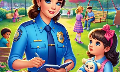 O polițistă, Corina, stă în centrul imaginii, purtând un uniform albastru strălucitor și un brâu mare cu buzunare. Fața ei este blândă și hotărâtă, cu ochi strălucitori de compasiune. Se apleacă ușor înainte, având un carnet de notițe în mână, pregătită să asculte copiii. În dreapta ei, Mara, o fetiță de 8 ani cu o rochie roz frumoasă și o fundă roșie mare în păr, o privește pe Corina cu ochi plini de speranță. Ține în brațe o jucărie de pluș, o păpușă mică. În fundal, un parc verde cu copaci frunzoși și flori colorate, copii jucându-se pe leagăne și o bancă din lemn unde alți copii discută. Situația principală o arată pe Corina interogând-o pe Mara și prietenii ei, toți vizibil îngrijorați, în timp ce caută cățelul lor mic Zubi, care a dispărut. Copiii sunt adunați în jurul Corinei, fețele lor exprimând atât frică, cât și speranță, în timp ce un zgomot mic de frunze se aude în depărtare.