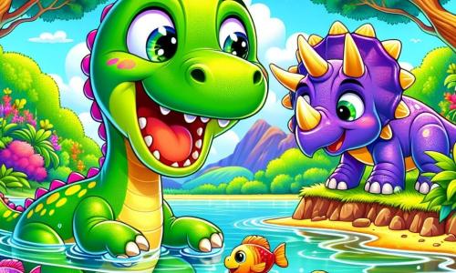 A diplodocus named Dippy, with green skin and yellow spots, stands happily by a sparkling lagoon. His large, bright eyes express wonder and curiosity as he leans down to observe colorful fish swimming below. Next to him, a triceratops named Trixie, with purple scales and three sharp horns, smiles while watching the same fish, her eyes sparkling with joy. The lagoon is surrounded by tall trees with lush leaves and vibrant flowers, creating a magical and enchanting atmosphere. Dippy and Trixie are having fun together, splashing water and laughing in a lively and happy scene.