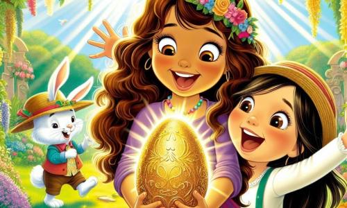 Una niña de 8 años, llamada Sofía, con grandes ojos brillantes y cabello castaño rizado, sonríe con asombro mientras sostiene un huevo de Pascua dorado y brillante en sus manos. A su lado, su mejor amiga Lucía, también de 8 años, con cabello largo y liso, vestida con un vestido colorido, salta de alegría con los brazos levantados hacia el cielo. Al fondo, se ve a Don Conejo, un pequeño conejo blanco con un sombrero de paja, que sonríe con gratitud, con sus grandes orejas erectas. La escena tiene lugar en un jardín encantador, lleno de flores de colores vivos, arbustos verdes y un estanque que brilla bajo el sol. Rayos de luz filtran a través de las ramas de los árboles, creando una atmósfera mágica. Sofía y Lucía acaban de descubrir el valioso huevo dorado, flotando en la superficie del agua, y expresan su alegría y emoción, rodeadas por la belleza del jardín y la magia de Pascua.