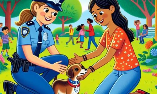 Emma, een jonge politieagente in een blauw uniform, glimlachend en vol energie, zit in een groen park en houdt een kleine bruine hond met een rode halsband in haar armen. Naast haar staat een vrouw van ongeveer dertig jaar met bruin haar en bezorgde ogen, die haar blijdschap uitdrukt door haar armen naar haar teruggevonden hond te strekken. Het park is gevuld met bomen met stralend groene bladeren, kleurrijke bloemen en een paar kinderen die in de verte spelen. De belangrijkste situatie toont Emma die de vrouw helpt haar verloren hond terug te vinden, wat een moment van geluk en solidariteit in de gemeenschap illustreert.