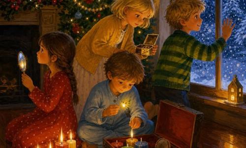 Er zijn vier kinderen van 10 jaar: Noor, meisje met lange gevlochten bruine haren, nieuwsgierige ogen en een rood polkadotjurkje, links met een klein glinsterend spiegeltje bij de kaarsen; Milo, jongen met warrig blond haar en een guitige glimlach in een groen gestreepte trui, rechts tikkend tegen het raam terwijl hij naar buiten kijkt; Sam, jongen met kastanjebruin haar en dromerige blik in een lichtblauwe pyjama, zittend centraal en voorzichtig een klein kaarsje aanstekend met een vuurvliegje van licht voor een open houten kist; en Lotte, meisje met kort blond haar en vastberaden blik in een mosterdgele cardigan, staand achter Sam met een open gouden doosje; scène: gezellige kerstwoonkamer 's nachts met glanzende houten vloer, versierde maar uitgedoofde open haard, verlicht kerstboom en een met rijp beslagen raam waar dikke sneeuwvlokken buiten liggen; hoofdgebeuren: de kinderen steken samen vier gekleurde kaarsjes en een klein spiegeltje in de kist aan en plaatsen de kaarsen op de vensterbank, waardoor een warme gouden lichtcirkel ontstaat die contrasteert met de koude blauwe sneeuw buiten.