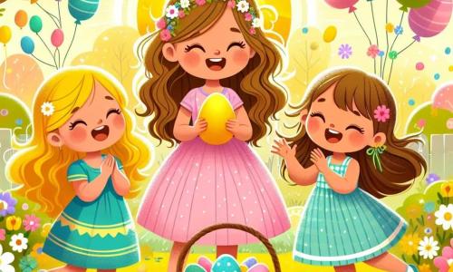 Three joyful girls, about 7 years old, stand in the center of a sunny garden. Mia, wearing a pink dress and with curly brown hair, smiles while holding a golden egg in her hands. To her right, Lily wears a blue dress and has long braided blonde hair, jumping with sparkling eyes. On the left, Zoe, dressed in a bright yellow dress with brown hair in pigtails, claps enthusiastically. The garden is filled with colorful flowers, floating balloons, and painted eggs of all colors, creating a festive and cheerful atmosphere. In the background, a large wicker basket overflows with multicolored eggs, sparkling in the sun. The three friends are sharing Easter eggs with their classmates, laughing and singing together, while other children join them, all having fun in this spring scene full of happiness and camaraderie.