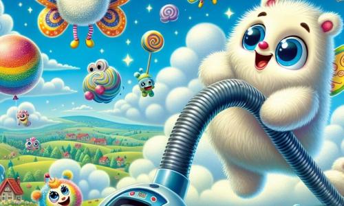 Fluffo, un personaggio pelucheo con grandi occhi blu e un sorriso splendente, sta guidando un aspirapolvere gigante nel cielo, pieno di entusiasmo e gioia. Accanto a lui, Piumina, una piccola creatura con ali di farfalla scintillanti, vola con espressione curiosa, cercando nuvole morbide da afferrare. Bubblo, un grosso pallone colorato, rimbalza gioiosamente a terra, ridendo e incoraggiando i suoi amici a prendere le nuvole. Il cielo è di un blu splendente, punteggiato di nuvole a forma di caramelle, e il paesaggio sottostante è un vasto prato verde, costellato di fiori colorati e piccoli alberi danzanti. La scena trasmette un'atmosfera di felicità e amicizia, con scoppi di risate che sembrano fluttuare nell'aria. In questo momento centrale, Fluffo, Piumina e Bubblo si preparano ad afferrare una nuvola morbida, mentre un grosso piccione si posa sulla ventola dell'aspirapolvere, causando un momento di caos esilarante.