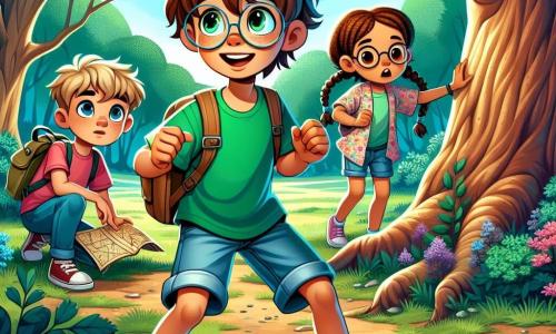 A 9-year-old boy named Jasper is at the center of the image. He has tousled light brown hair, sparkling curious eyes, and a wide smile showing his excitement. He wears a bright green t-shirt and denim shorts, with a small backpack on his shoulder, holding an old treasure map, his eyes fixed on a majestic tree. Next to him is his best friend Mia, also 9, with braided brown hair and round glasses, looking at the map with determination. She wears a floral blouse and pink shorts, crouching down to examine the ground as if searching for clues. A little further away, Riley, another 9-year-old friend with curly blonde hair, stands with her arms crossed, focused on the surroundings for signs that could help in their quest. The setting is a lush green park filled with tall trees, colorful flowers, and a small stream winding through the grass. Sunlight filters through the branches, casting dancing shadows on the ground. The main scene shows Jasper and his friends discovering an old wooden chest hidden under the tree's roots, their faces lit up with wonder and excitement at what they might find inside.