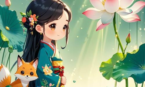Aiko, una niña de diez años, se encuentra en el centro de la imagen, con largos cabellos negros y ojos llenos de curiosidad. Lleva un kimono colorido adornado con motivos florales, y su rostro expresa asombro y determinación mientras observa una hermosa flor de loto que brilla bajo el sol. A su lado, Kitsu, un pequeño zorro de pelaje dorado, observa atentamente la flor, sus ojos traviesos reflejando su inteligencia y sabiduría. Está sentado sobre sus patas traseras, listo para ayudar a Aiko en su aventura. El escenario es un claro encantado en el corazón de un bosque japonés, rodeado de grandes árboles de hojas verdes vibrantes, con rayos de sol filtrándose a través de las ramas, iluminando el suelo cubierto de flores coloridas y suave musgo. La situación principal muestra a Aiko descubriendo la flor de loto mágica, un momento clave de su aventura, donde escucha la voz del espíritu del bosque invitándola a continuar su viaje hacia la sabiduría y el coraje.