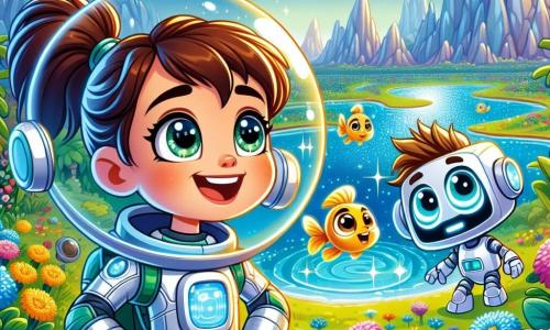 Lila, een dappere astronaut met bruin haar in een paardenstaart, draagt een glanzend zilveren ruimtepak. Ze heeft sprankelende ogen van opwinding en een brede glimlach terwijl ze op een groen-blauwe planeet staat, omringd door kleurrijke bloemen. Naast haar kijkt Pixel, een robot met ronde vormen en heldere ogen, nieuwsgierig naar de gouden vissen die in een sprankelend meer zwemmen. Sam, een jongen van ongeveer 10 jaar met blond, rommelig haar, draagt een vergelijkbaar ruimtepak als Lila en kijkt verwonderd naar de betoverende landschappen. De locatie is een prachtige planeet met majestueuze zilveren bergen onder een sterrenhemel en een heldere blauwe meer dat de felle kleuren van de bloemen weerspiegelt. De belangrijkste situatie toont Lila en haar vrienden die deze fascinerende wereld verkennen, verwonderd door de schoonheid om hen heen, terwijl ze vreemde wezens en magische landschappen ontdekken.