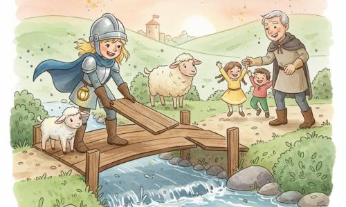 Una giovane cavalleressa sorridente e determinata, elmo lucente e piccolo mantello blu, guanti alle mani mentre posa tavole di legno su un ponte rotto sopra un ruscello, una lanterna alla cintura. Un agnellino bianco e soffice accoccolato vicino agli stivali, mamma pecora con lana color crema a pochi passi, sollevata. Un anziano capo del villaggio (circa 60 anni) coi capelli grigi e mantello semplice stringe la mano alla cavalleressa, leggermente dietro a destra. Due bambini (circa 6–7 anni) in abiti colorati saltellano di gioia sulla parte riparata del ponte, braccia alzate. Ambientazione: piccolo ponte di legno parzialmente rotto su ruscello limpido con sassi lisci, colline verdi ondulate, un piccolo castello beige in lontananza e alberi dalle foglie verde tenue; cielo al tramonto pesca e lavanda. Scena principale: riparazione del ponte al crepuscolo, gesti precisi e coraggiosi, atmosfera calda e rassicurante, spruzzi d'acqua e tocchi acquerellati per movimento e dolcezza.