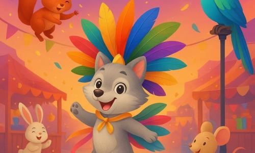 The main character is Lupo, a small child wolf with light gray fur and cream highlights, a radiant expression and sparkling eyes, wearing a large multicolored feather fan-mask (red, orange, yellow, green, blue, purple) with a gold ribbon; he spins and dances as the feathers open like wings. Momo the squirrel is small with a reddish chest and bushy tail, smiling and hanging from a garland of shiny leaves above Lupo while tossing golden confetti. Tilly the little mouse is pale beige, shy but joyful, holding a pink ribbon and twirling with small steps to Lupo’s right near the grass. Zazu the parrot is large with bright blue and green plumage, perched on a decorated lamppost, watching and whistling while dropping a colorful feather. Pippa the white rabbit with long pink ears hops in the background, laughing and clapping near a stall of shiny papers. The setting is the village square paved and decorated with hanging lanterns, colorful banners, painted wooden stalls and confetti floating at sunset. Main scene: a vibrant moving carnival parade — Lupo centered, dancing with his fan-mask opening into a luminous fan, feathers flying, ribbons floating, a bell tinkling, and friends laughing around in a warm festive atmosphere.