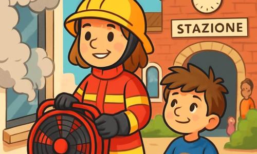 Una donna pompiere, di nome Marta, si erge orgogliosamente davanti a una stazione ferroviaria, con il suo casco giallo brillante sotto il sole del mattino. Ha un sorriso determinato e occhi scintillanti di coraggio. Indossa una tuta rossa con strisce riflettenti e guanti neri, tenendo un ventilatore rosso tra le mani. Accanto a lei, un giovane ragazzo di nome Leo, di circa 10 anni, osserva con ammirazione. Ha i capelli castani disordinati e indossa una maglietta blu con un logo di pompiere. Tiene un piccolo manometro tra le mani, pronto ad aiutare. Sullo sfondo, la stazione ferroviaria è maestosa, con muri di mattoni rossi e un grande orologio sopra l'ingresso. Piccioni si posano sul tetto, mentre passanti curiosi osservano la scena. La situazione principale mostra Marta e Leo mentre ventilano una stanza piena di fumo nella stazione, con nuvole di fumo grigio che fuoriescono dalla finestra aperta. L'aria fresca entra, e l'atmosfera è piena di speranza e determinazione.