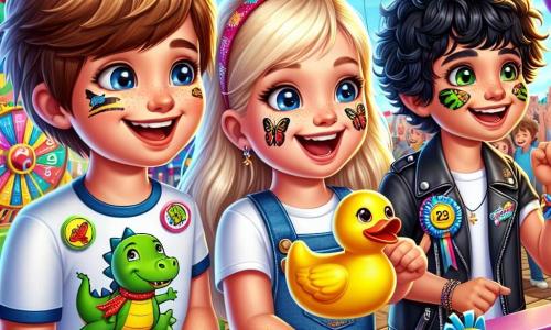 An 8-year-old boy, Oliver, with messy brown hair and a colorful T-shirt decorated with dancing dinosaurs, smiles in wonder as he holds a small yellow plastic duck in his hands. Next to him, Mia, an 8-year-old girl with long blonde hair, has her face painted like a butterfly and looks at Oliver with excitement, while Leo, an 8-year-old boy with curly black hair, makes a victory gesture with a shiny ribbon around his neck. The setting is a vibrant carnival, with colorful game booths, balloons floating in the blue sky, and a large cake decorated with sparkling sprinkles at the center. The main scene shows Oliver, Mia, and Leo laughing together, surrounded by laughter and music, as they celebrate their magical day at the carnival, ready to participate in a duck game.