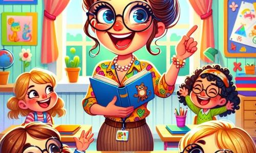 O învățătoare, Maria, este o femeie zâmbitoare de aproximativ treizeci de ani, cu părul brun prins în coc și ochelari rotunzi. Ea poartă o bluză colorată decorată cu desene de animale și ține o carte deschisă în mâini, exprimând o mare bucurie și entuziasm în timp ce se uită la elevii ei. Printre elevi se află Ana, o fetiță timidă de 8 ani, cu părul lung blond împletit și ochelari. Ea este așezată la o masă, ridicând mâna cu un zâmbet uimit, pregătită să răspundă la o întrebare. Andrei, un băiat de 9 ani cu părul creț și o șapcă, stă lângă ea, râzând și încurajând-o. Scena se desfășoară într-o clasă luminoasă, plină de decorațiuni colorate, desene de copii agățate pe pereți și baloane plutitoare la tavan. Mesele din lemn sunt dispuse în cerc, creând o atmosferă prietenoasă și veselă. Situația principală o arată pe Maria, înconjurată de elevii ei, organizând o petrecere de sfârșit de an. Copiii sunt excitați, ridicând mâinile pentru a participa la un joc de întrebări și răspunsuri, în timp ce aerul este plin de râsete și bună dispoziție.