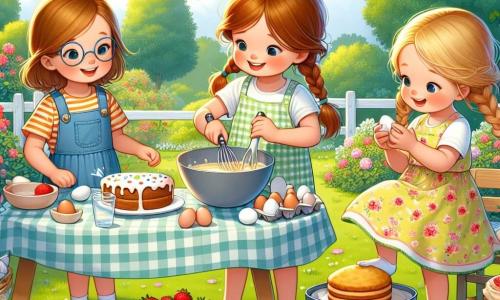 In un giardino soleggiato, tre bambine si riuniscono per festeggiare la festa del papà. Anna, una bambina di 8 anni con capelli castani e occhiali, mescola allegramente l'impasto per la torta in una grande ciotola, in piedi su una piccola sedia accanto a un tavolo di legno. Sofia, una bambina di 7 anni con capelli biondi e trecce, rompe le uova con cautela, sorridendo, mentre si trova a sinistra di Anna. Lisa, una bambina di 6 anni con capelli castani e codini, è seduta per terra, circondata da fragole rosse che taglia con un coltello, guardando le sue amiche con entusiasmo. Il giardino è pieno di fiori colorati, con alberi verdi che offrono ombra e un cielo blu punteggiato di nuvole bianche. Una grande coperta a quadretti è stesa sull'erba, decorata con deliziose tortine e frutta fresca. Le tre amiche si dedicano a preparare un picnic a sorpresa per i loro papà, ridendo e divertendosi insieme, creando un'atmosfera di gioia e amore.