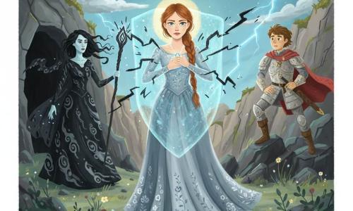 Princess (female), about 16, determined serene face, long auburn hair in a braid, flowing silver-blue dress with floral embroidery, holding a glowing pendant at her chest that creates a shimmering shield; Morgana the witch (female), about 40, pale skin, tangled black hair, dark stained robe with mist patterns, wielding a twisted staff emitting black magic, standing slightly back left of a cave entrance; Knight Alexander (male), about 22, weathered light armor, creased red cape, sword sheathed, awed and worried, watching from rocks to the right; location: mountain summit with a dark cave, jagged cliffs, swirling clouds and blue lightning, trampled grasses and a few bright flowers in foreground, cool palette warmed by the pendant; main situation: dramatic confrontation as the princess’s pendant absorbs and disperses bolts of dark magic, dynamic composition with contrast lighting highlighting her face and the pendant’s halo.