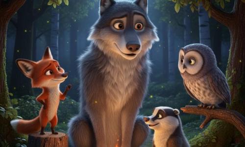 A large imposing but gentle wolf (main) with textured mouse-gray fur and bright amber eyes, leaning slightly forward and sitting by a campfire speaking softly; a sly red fox (secondary), small with a fine snout and mischievous curious eyes, standing left on a stump with a raised paw; a wise gray owl with barred soft plumage and large attentive round eyes perched on a low branch to the right, leaning in to listen and advise; a sturdy courageous badger with brown and black fur, a small confident smile, seated in the foreground on leaves, looking at the wolf and ready to help; a nighttime forest clearing with green moss, gnarled trunks and vaulted branches, silver moonlight through the foliage and floating fireflies; a warm reconciliation scene around the campfire between the wolf and his friends, intimate composition centered on expressive faces with soft contrasted lighting (orange fire glow and cool moonlight).