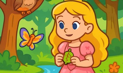 A princess named Elara, about 10 years old, stands by a sparkling stream, with golden hair shining in the sun and bright blue eyes full of curiosity. She wears a light pink satin dress adorned with delicate flowers, and her face shows gentle determination. Beside her, a colorful butterfly flits joyfully, adding a touch of magic to the scene. In a nearby tree, a wise owl with brown feathers and round eyes watches benevolently from a branch, ready to offer advice. The setting is an enchanted forest filled with majestic trees and vibrant green leaves, while rays of sunlight filter through the foliage, creating patterns on the ground. The main scene shows Elara holding a leaf-shaped medallion, her face lit up by discovery, as the stream softly murmurs at her feet and the butterfly dances around her, symbolizing the adventure that awaits.