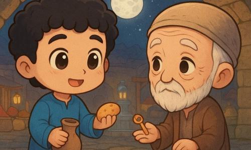Un bărbat pe nume Amir, chip rotund și zâmbitor, ochi mari și strălucitori, păr negru și creț, poartă o tunică albastră și ține o bucată de pâine într-o mână și o ulcică mică cu apă în cealaltă; un bărbat foarte bătrân de circa 80 de ani, firav, cu barbă scurtă albă și ochi blânzi, are o lampă stinsă și un sac gol la picioare și întinde o mână aspră în care strălucește o cheiță mică de cupru; un pod de piatră vechi cu pietre neregulate și arcade joase, cu mușchi, sub o lună plină ca o monedă de argint; în fundal se zărește un bazar nocturn cu saci de condimente colorate, felinare galbene și o fântână de piatră sclipind; situația principală: Amir îi oferă pâine și apă bătrânului sub pod, cheița de cupru strălucește slab, atmosferă blândă și misterioasă, culori calde și contraste nocturne.
