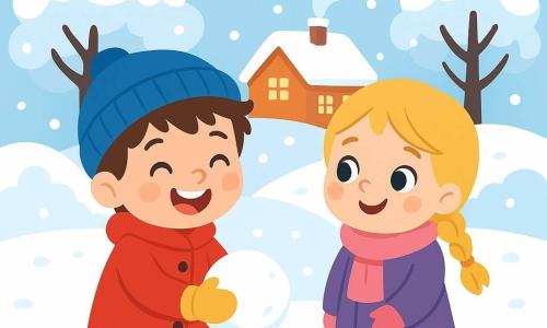 Ci sono 2 personaggi principali: Leo, un bambino di 5 anni con capelli castani disordinati, che indossa un cappotto rosso vivo, un berretto blu e guanti gialli, mentre raccoglie neve per fare una palla con un grande sorriso; e Anna, una bambina di 4 anni con capelli biondi intrecciati, che indossa una sciarpa rosa e stivali viola, accanto a Leo, lo osserva con occhi scintillanti di gioia. Il luogo è un giardino innevato, con fiocchi di neve che cadono dolcemente dal cielo, alberi coperti da uno spesso strato di neve bianca e un terreno lucido e soffice. Sullo sfondo si intravede una casa accogliente con luce che brilla dalle finestre. La scena principale mostra Leo e Anna che giocano nella neve, ridendo e divertendosi a creare una palla di neve insieme, circondati da un paesaggio invernale magico e luminoso.
