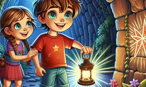 Um menino chamado Tomás, com cerca de 10 anos, está no centro da imagem, com os olhos brilhando de admiração e um grande sorriso no rosto. Ele tem cabelos castanhos bagunçados e usa uma camiseta vermelha com um short azul, segurando uma pequena lanterna que ilumina seu caminho. Ao seu lado, sua melhor amiga Clara, uma menina de 9 anos com cabelos loiros trançados, aponta para uma estrela brilhante desenhada na parede do túnel, exibindo uma expressão de curiosidade e excitação. O lugar é um túnel misterioso, com paredes de pedra rugosa, onde desenhos de estrelas cintilantes iluminam a escuridão. Plantas trepadeiras cercam a entrada do túnel, acrescentando um toque de verde à atmosfera sombria. A luz da lanterna cria sombras dançantes nas paredes, acentuando o sentimento de aventura. Tomás e Clara estão prontos para descobrir o Jardim das Estrelas, em uma atmosfera de suspense e exploração, prestes a abrir uma antiga porta de madeira cheia de gravuras que os levará a um mundo mágico repleto de cores vibrantes e maravilhas.