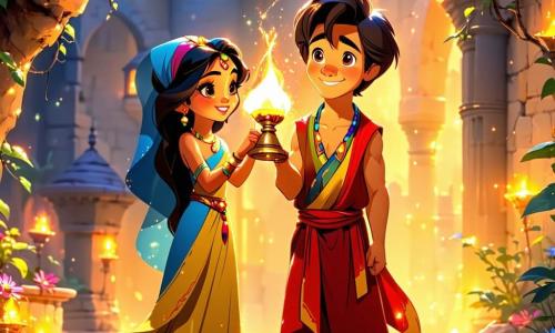 Aladdin, ein junger Junge mit braunen Haaren und neugierigen Augen, steht im Mittelpunkt der Szene, sein Gesicht von einem entschlossenen Lächeln erleuchtet. Er trägt eine bunte Tunika und weite Hosen und hält eine geheimnisvolle Lampe in der Hand, die in goldenem Licht strahlt und Hoffnung und Veränderung symbolisiert. Neben ihm steht ein etwa 12-jähriges Mädchen namens Layla mit langen schwarzen Haaren und strahlenden Augen, das Aladdin bewundernd ansieht. Sie trägt ein traditionelles Kleid mit bunten Mustern und hält ein offenes Buch in den Händen, bereit, ihr Wissen zu teilen. Im Hintergrund beobachtet ein alter weiser Mann von etwa 70 Jahren mit einem langen weißen Bart und abgetragenen Kleidern die Szene wohlwollend. Er sitzt auf einer Holzbank, umgeben von blühenden Pflanzen, und scheint Aladdin und Layla in ihrer Suche zu ermutigen. Der Ort ist ein lebhafter Markt in Neoteria, gefüllt mit bunten Ständen, funkelnden Laternen und lebhaften Menschen, die Lächeln und Lachen austauschen. Stände mit exotischen Früchten und schimmernden Stoffen verleihen der Umgebung einen Hauch von Magie. Die Hauptsituation zeigt Aladdin, der die Lampe gen Himmel hebt, während Lichtstrahlen daraus hervorschießen und die Gesichter der staunenden Passanten erleuchten. Es ist ein Moment der Transformation, in dem Hoffnung und Gleichheit in der Stadt zu blühen beginnen und den Beginn eines neuen Kapitels symbolisieren.